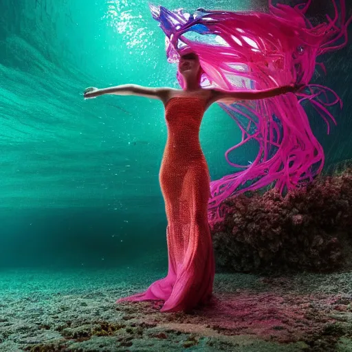 Prompt: woman dancing underwater wearing a very long dress made of a chaos of neon colors and lights flowing sideways in a strong current of water, coral sea bottom, octane render, caustics lighting from above, cinematic, hyperdetailed