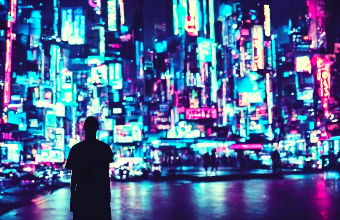 Prompt: one man silhouette standing in front of a cyberpunk city, neon lights, bokeh, award wining photograph, movie still,