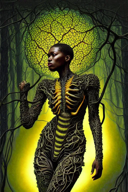 Prompt: hyperrealistic art nouveau super expressive! black woman with detailed exoskeleton armor, merging with tree in a forest, digital painting masterpiece smooth brad kunkle hannah yata dramatic pearlescent yellow light dutch angle hd 8k sharp focus