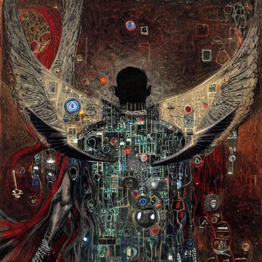 Image similar to winged cybernetic vampire with horns trapped in circuitry, intricate detail, miro, royo, whealan, klimt,