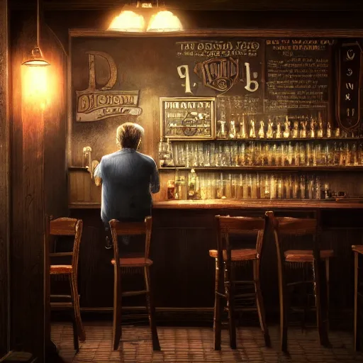 Prompt: old man sitting at bar, pub, smoky lighting, dim, barstool, person drinking, side sketch, artstation award, highly detailed, ultra - realistic, moody atmosphere, color palette