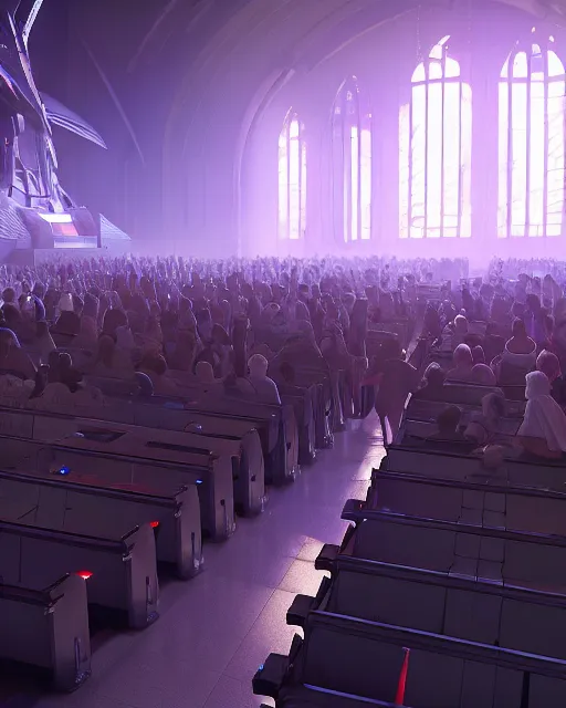 Image similar to scifi movie scene unreal engine 5 render of a crowd in a futuristic church by craig mullins and ghibli, strong contrast, priest, pews, ethereal, inviting, bright, raking light, hyper realism, realistic shading, cinematic composition, blender render, octane render, hdr, detailed textures, photorealistic, wide shot