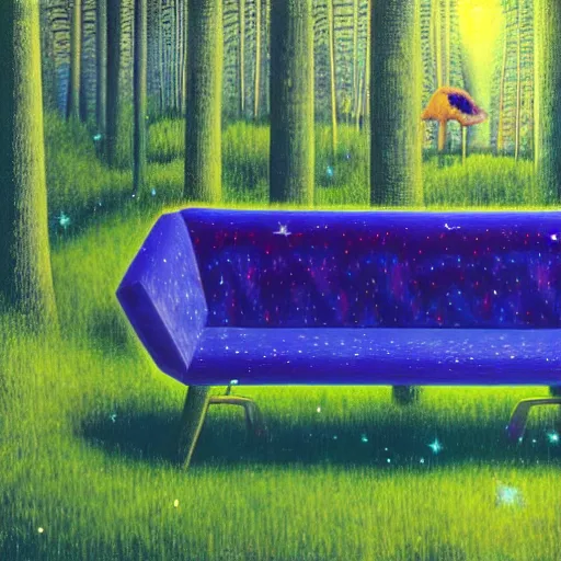 Image similar to psychedelic couch sofa in the lush pine forest, milky way, designed by arnold bocklin, jules bastien - lepage, tarsila do amaral, wayne barlowe and gustave baumann, cheval michael, trending on artstation, cinematic, star, sharp focus, colorful refracted sparkles and lines, soft light, 8 k 4 k