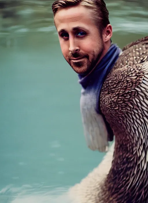 Image similar to ryan gosling fused with a goose, construction, natural light, bloom, detailed face, magazine, press, photo, steve mccurry, david lazar, canon, nikon, focus