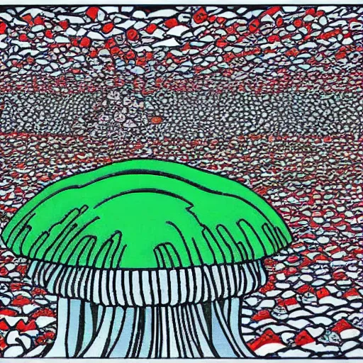 Prompt: nuclear mushroom in Tokyo by Toshio Saeki high detailed