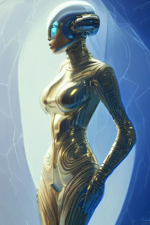 Image similar to detailed portrait glam cyber noun, attractive feminine curves, intricate, scifi, futuristic, elegant cape, elegant, alien room background, white, blue, gold, photorealism, trending on artstation, holy halo, advanced technology, art by moebius and vitaly bulgarov and chanthara