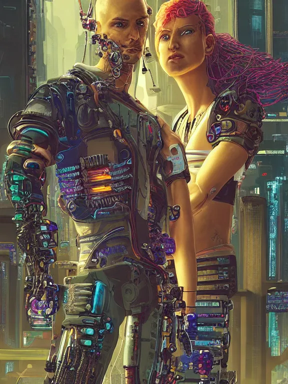 Image similar to a cyberpunk 2077 illustration half body portrait of two female android dancer queen,complex mess of cables and wires behind them connected to giant computer, film lighting, by laurie greasley,Lawrence Alma-Tadema,William Morris,Dan Mumford, trending on atrstation, full of color, mythological, high detailed,golden ratio,symmetrical proportions,cinematic lighting