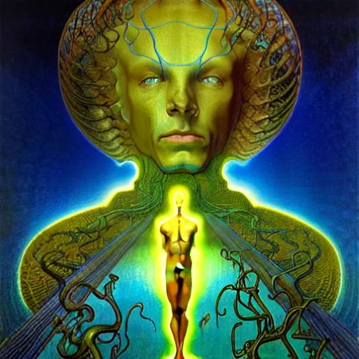 Image similar to realistic extremely detailed portrait painting of a glowing male silhouette, futuristic sci-fi landscape on background by Jean Delville, Amano, Yves Tanguy, Alphonse Mucha, Ernst Haeckel, Edward Robert Hughes, Roger Dean, rich moody colours, blue eyes