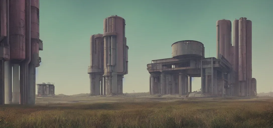 Prompt: futuristic abandoned brutalist power station, sci - fi, digital art by beeple and simon stalenhag