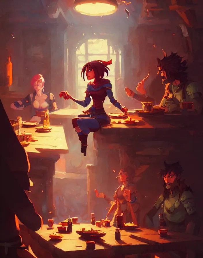 Prompt: super epically realized digital art depicting a rogue in a tavern, by stephen bliss, greg rutkowski, loish, rhads, makoto shinkai and lois van baarle, ilya kuvshinov, rossdraws.