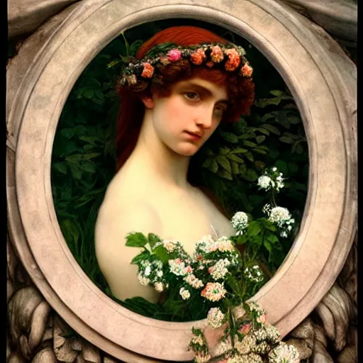 Image similar to Beautiful Pre-Raphaelite goddess of nature with a little bird sitting on top of her head, in the style of John William Godward, close-up portrait, head in focus, flowers and plants, etheric, moody, intricate, mystical,