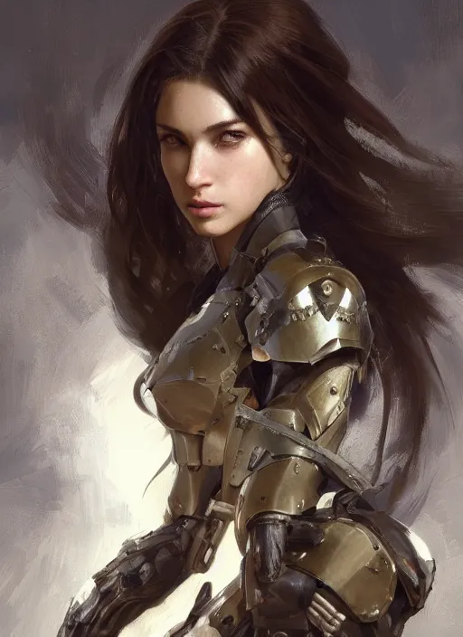 Image similar to a professional painting of a beautiful young female, clothed in military armor, olive skin, long dark hair, beautiful bone structure, symmetrical facial features, intricate, elegant, digital painting, concept art, smooth, sharp focus, illustration, from Metal Gear, by Ruan Jia and Mandy Jurgens and Artgerm and William-Adolphe Bouguerea