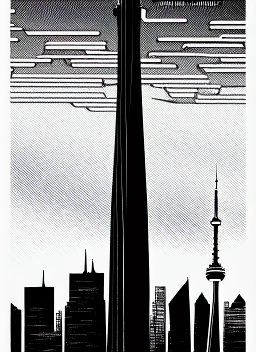 Prompt: cn tower, extremely detailed, bold line art, by vincent di fate and joe fenton and artgerm, toronto, inking, etching, screen print, masterpiece, trending on artstation, sharp, high contrast, hyper realistic, hd, 4 k, 8 k