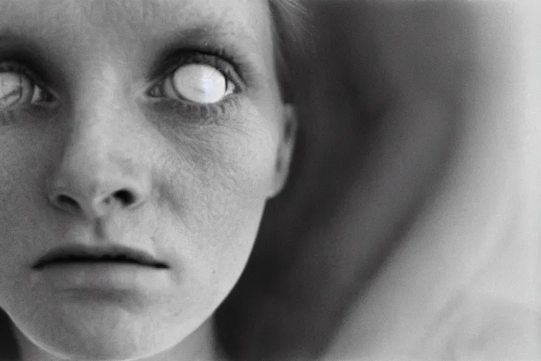 Image similar to close up portrait photography of a symmetric white ginger woman face with blue eyes, soft light, 35mm, film photo, Joel Meyerowitz