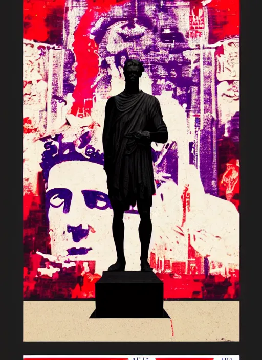Image similar to design poster showing a statue of julius caesar, black background with very subtle red and purple text and design elements, powerful, nekro, graphic design, collage art, thin lines, dark, glitch art, neo vaporwave, gritty, layout frame, square, trending on artstation