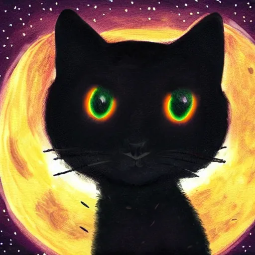 Image similar to black cat with glowing eyes looking up at the moon in a very dark open field at midnight with fireflies in the air and lots of stars in the sky, digital painting, highly detailed, magical, beautiful