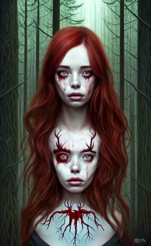 Image similar to surrounded by trees, full body realistic character concept, gorgeous Kacey Rohl, red hair, small freckles, Wendigo creature antlers deer skull face, symmetrical face, symmetrical eyes, covered in blood, dark forest, trees, shorter neck, cinematic lighting, Joshua Middleton and artgerm, fear anxiety terror