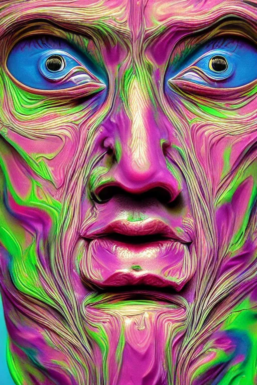 Image similar to psychedelic melting wax face, close up shot, diffuse lighting, intricate, elegant, highly detailed portrait, lifelike, photorealistic, digital painting, smooth, sharp focus