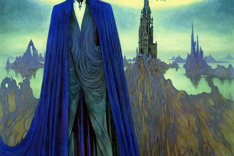 Image similar to realistic extremely detailed portrait painting of an elegantly creepy vampire man in a cape, futuristic sci-fi castle on background by Jean Delville, Amano, Yves Tanguy, Alphonse Mucha, Ernst Haeckel, Edward Robert Hughes, Roger Dean, rich moody colours, blue eyes