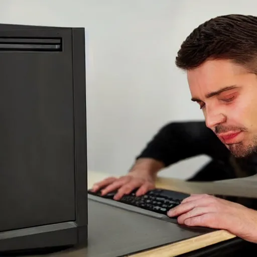 Prompt: a man melts behind a computer