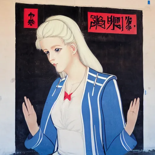 Image similar to platinum - blonde - haired hime - cut blue - eyed 1 9 - year - old french empress wearing white leggings and black silk jacket, adoring communist mural on wall, post - revolutionary era, hd photograph