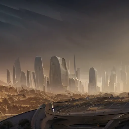 Image similar to a futuristic low-rise desert city, beautiful dynamic lighting, cinematic, wide angle establishing shot, extremely high detail, photo realistic, cinematic lighting, post processed, concept art, artstation, matte painting, style by eddie mendoza, raphael lacoste, alex ross, volumetric lighting, light rays, photorealistic, ultrarealistic, moody, coronarender, 8k