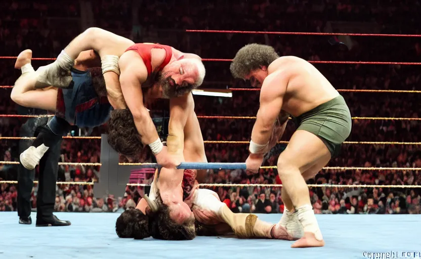 Image similar to Karl Marx performing german suplex on Friedrich Nietsche in 2014 WWE championship match, sports photo, Canon EOS 5D Mark 2, ƒ/5.6, focal length: 160.0 mm, Exposure time: 1/160, ISO: 1600