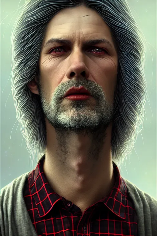 Image similar to a man wear plaid red shirt + long grey hair is the man who know everything in the universe by karol bak, james jean, tom bagshaw, rococo, sharp focus, trending on artstation, cinematic lighting, hyper realism, octane render, 8 k, hyper detailed, vivid, ultra detailed, highly detailed