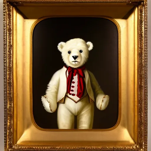 Image similar to head and shoulders portrait painting of a white teddy bear wearing a colonial outfit looking off camera, a character portrait, american romanticism, oil on canvas, diffused lighting