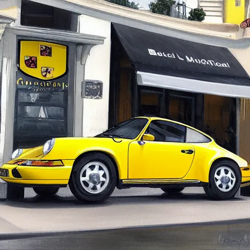 Prompt: Yellow Porsche 911 Carrera 3.2 parked in front of a Bondi Cafe, highly detailed, digital painting, artstation, concept art, smooth, sharp focus, illustration, art by artgerm and greg rutkowski and alphonse mucha