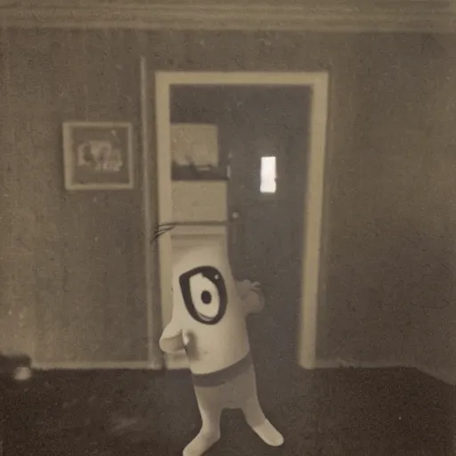 Image similar to realistic photograph of a creepy evil minion, if it were a real person, accidentally caught on camera in a old house, in the 8 0's