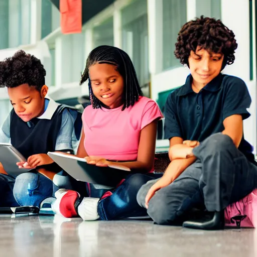 Prompt: four kids sitting around school table working on a digital tablet