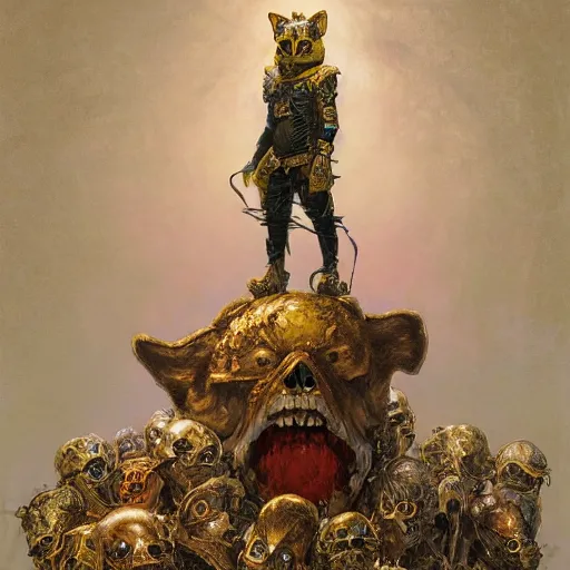 Image similar to anthropomorphic shiba inu, wearing gold armor, standing on pile of skulls, graveyard of skulls, fantasy 3 d render, masterpiece, glowing red light aura, by donato giancola and greg rutkowski and wayne barlow and zdzisław beksinski, realistic face