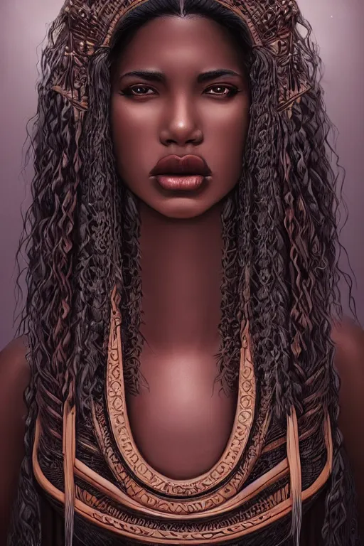 Prompt: A bust of a beautiful dark skinned Maori girl with large lips and smooth eyebrows and straight hair, HD, illustration, epic, fantasy, intricate, elegant, amazing detail, digital painting, artstation, concept art, smooth, sharp focus, illustration, art by Turine Tran