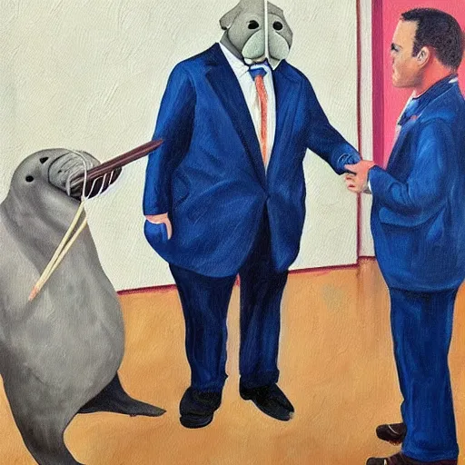 Image similar to masterful painting of a walrus in a suit