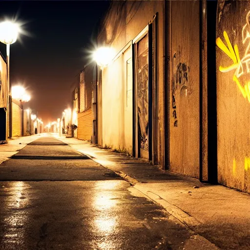 Prompt: a hyperrealistic photo of a ghetto at night with glowing streetlights, reflections, deep rich grafitti, human figures