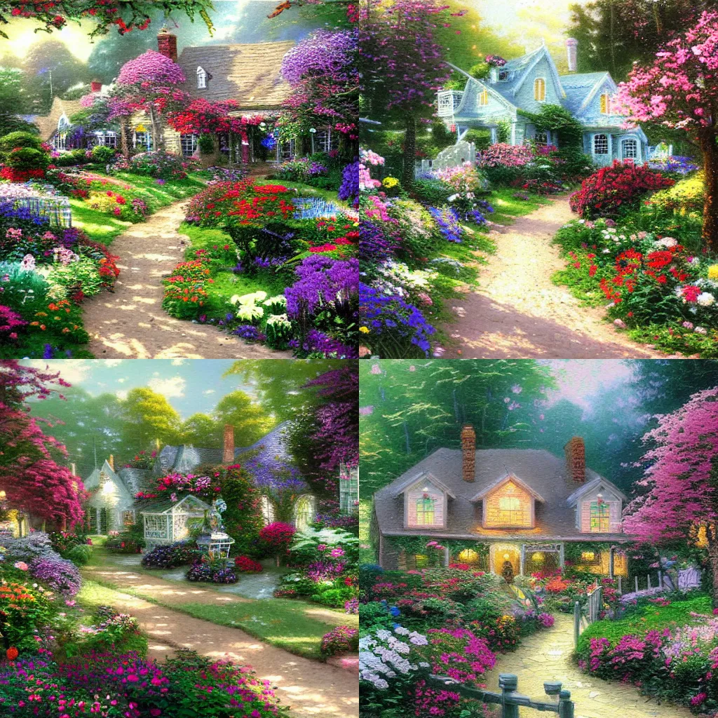 Prompt: beautiful house with garden full of flowers by Thomas Kinkade