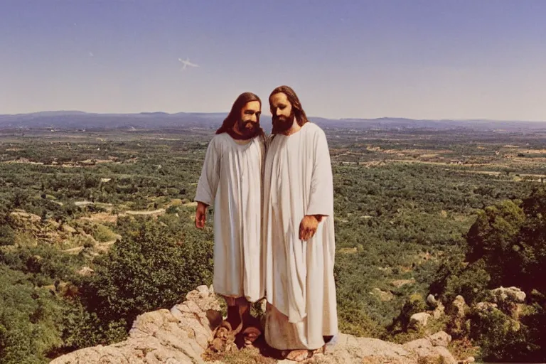 Prompt: a unique old analog color photo of jesus and mary magdalene standing on a cliff looking over a beautiful landscape in carcassonne, award winning photo, very realistic