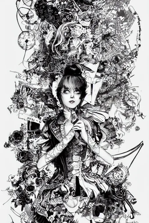 Image similar to Synthwave Alice in wonderland , pen and ink, intricate line drawings, by Yoshitaka Amano, Ruan Jia, Kentaro Miura, Artgerm, watercolor