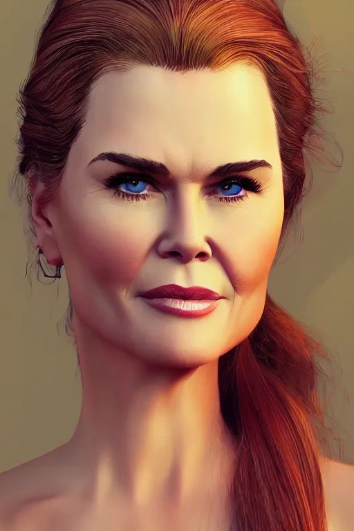 Image similar to portrait of a mix of beautiful young maria shriver, mariel hemmingway, brooke shields, nicole kidman and elle macpherson as a mermaid, thin lips, hair tied up in a pony tail, colorful artstation, cgsociety