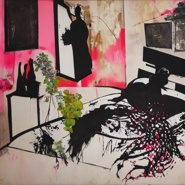 Image similar to bedroom room with black walls, sensual portrait of a woman sleeping, japanese vase, white flowers, puddle of water, octopus, squashed berries, neo - expressionism, surrealism, acrylic and spray paint and oilstick on canvas