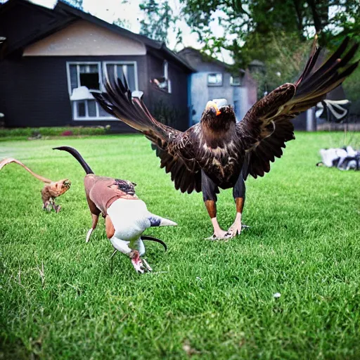 Prompt: An award winning snapshot of a beautiful eagle pitbull hybrid, playing with the children in the back yard.