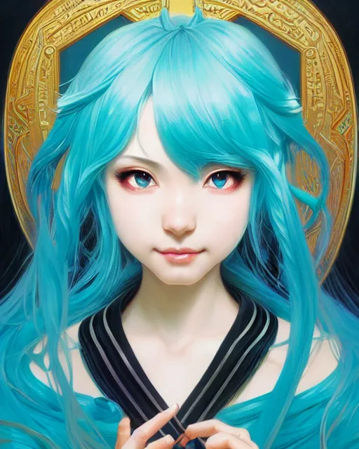 Image similar to portrait of disney hatsune miku, intricate, elegant, highly detailed, my rendition, digital painting, artstation, concept art, smooth, sharp focus, illustration, art by artgerm and greg rutkowski and alphonse mucha and uang guangjian and gil elvgren and sachin teng, symmetry!!