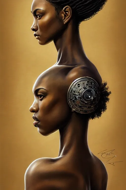 Image similar to a photorealistic painted portrait of an attractive young black girl, partially clothed in metal-plated battle armor, matt olive skin, long dark hair, flawless skin, beautiful bone structure, perfectly symmetric facial features, perfect photorealistic eyes, natural physique, intricate, elegant, digital painting, concept art, finely detailed, beautifully illustrated, sharp focus, minimal artifacts, from Metal Gear, by Ruan Jia and Mandy Jurgens and Artgerm and William-Adolphe Bouguerea, in the style of Greg Rutkowski, trending on Artstation, award winning art