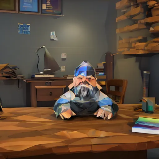 Prompt: A low poly dwarf peeking over his desk surprised at the amount of mail on the desk, deep rock galactic screenshot, video game