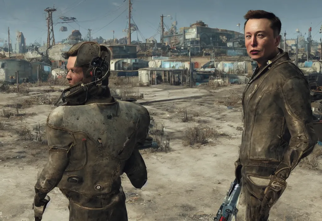 Image similar to elon musk in the video game in fallout 4, apocalyptic wastland, close up, 3 d rendering. unreal engine. amazing likeness. very detailed.