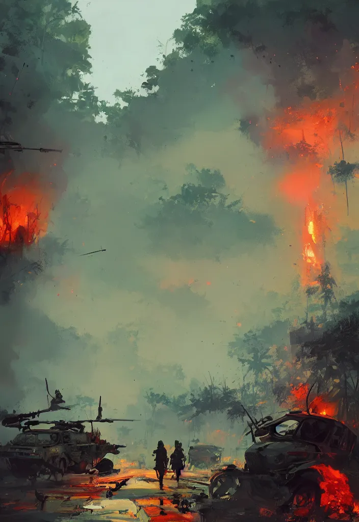 Image similar to ismail inceoglu epic painting of vietnam war, year 1 9 7 0, jungle, fire smoke and explosions, painting, line art, art concept for a book cover, trending on artstation, by greg manchess and by craig mullins and by kilian eng and by jake parker