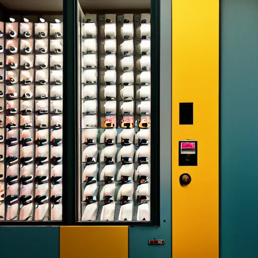 Image similar to noisy color photograph of a vending machine room, laboratory, dark corners, minimalist, cinematic, soft vintage glow