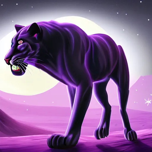 Image similar to digital painting of a large purple colored panther roaring at night. large moon in the center of the background. digital drawing, illustration, 4 k, render, matte, highly detailed, artstation, realistic, dramatic, darkness, moon.