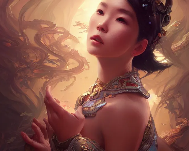 Image similar to photography of susan luo, deep focus, d & d, fantasy, intricate, elegant, highly detailed, digital painting, artstation, concept art, matte, sharp focus, illustration, hearthstone, art by artgerm and greg rutkowski and alphonse mucha